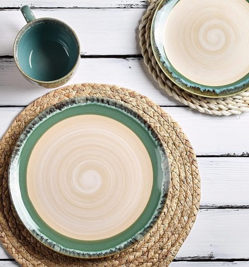 Stoneware Dinner Plates, 10.5 inches, Set of 4 for Salad, Pasta, Dessert, Microwave and Dishwasher Safe (Green, 10.5 in)