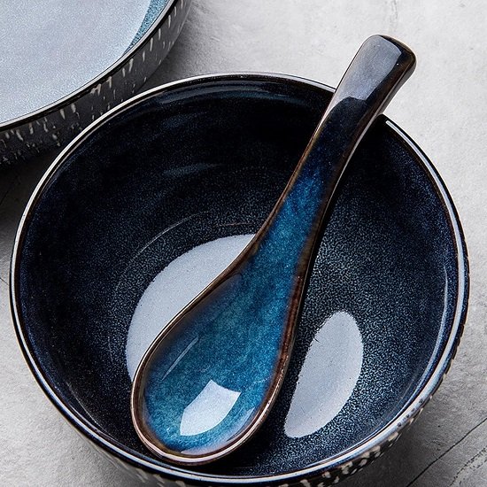 Ramen Soup Spoons Asian Blue Ceramic Soup Spoon for Pho Dessert Noodle 5 Pcs
