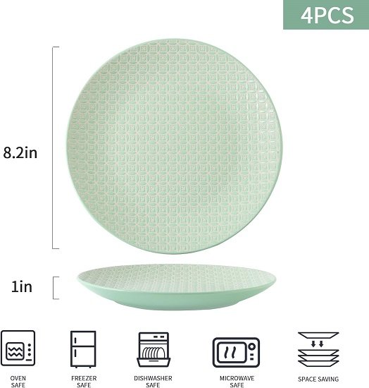 8in Ceramic Dessert Plates, Set of 4 - Salad Plates for Serving Dessert, Snacks, Pizza, Pasta, and Appetizers, Embossed Design, Solid Color - Green